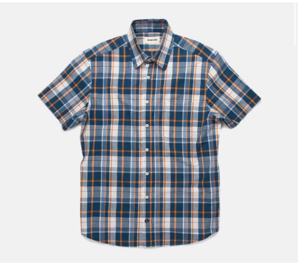 Taylor Stitch Shirt Mens XL 44 Blue Orange California Short Sleeve Madras Plaid